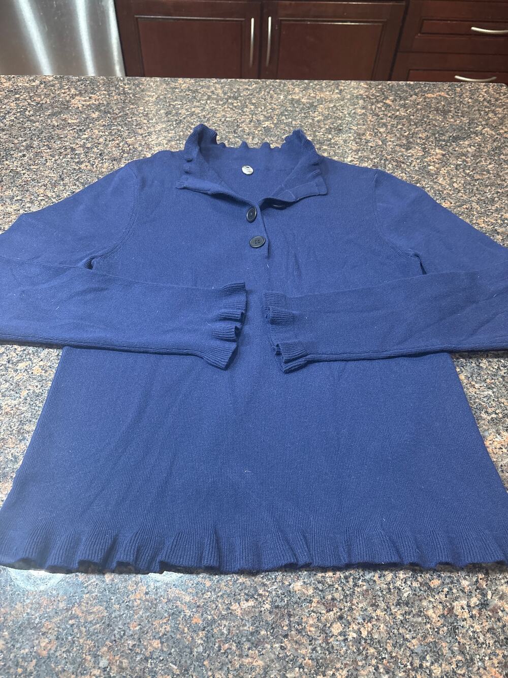 Margaret O'Leary Navy Blue Sweater Ruffle Hem and Neck Size L